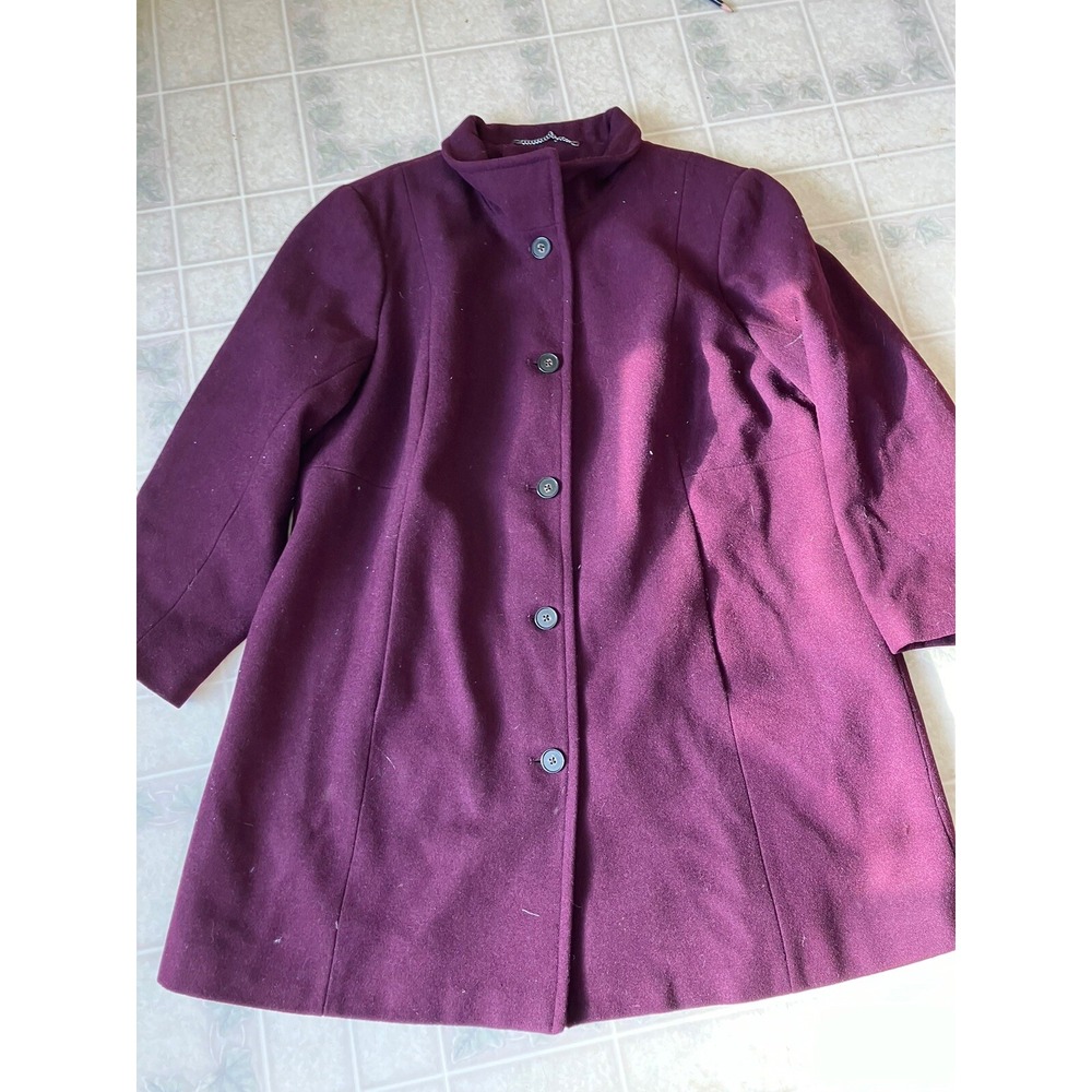 Lands End Women's Wool Blend Button Mid Length Dress Coat Maroon Size 16W petite